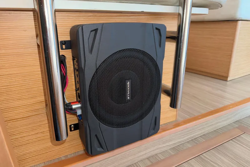 Slide: The Image of Rockville subwoofer installed on 2019 Nautitech 40 Open yacht interior. - 46