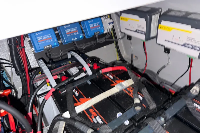 Slide: The Image of Electrical system of 2019 Nautitech 40 Open catamaran with batteries and chargers. - 53