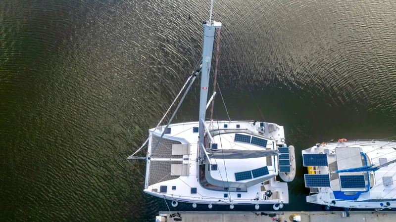 Slide: The Image of Aerial view of Nautitech 40 Open yacht, 2019 model, docked. - 6