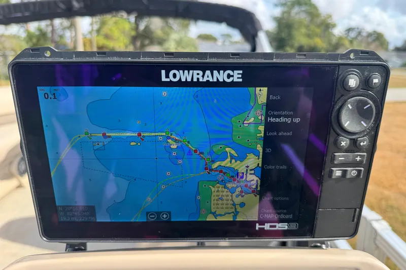 Slide: The Image of Lowrance GPS display on 2022 Avalon GS Rear Fish boat, showing navigation map. - 20