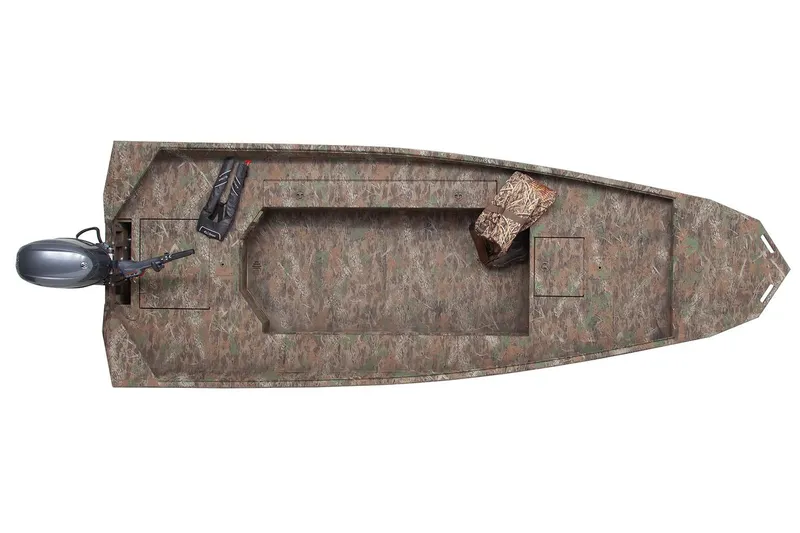 Slide: The Image of Manufacturer Provided Image: 2026 G3 Gator Tough 17 DK boat, top view, camouflage design, outboard motor. - 17