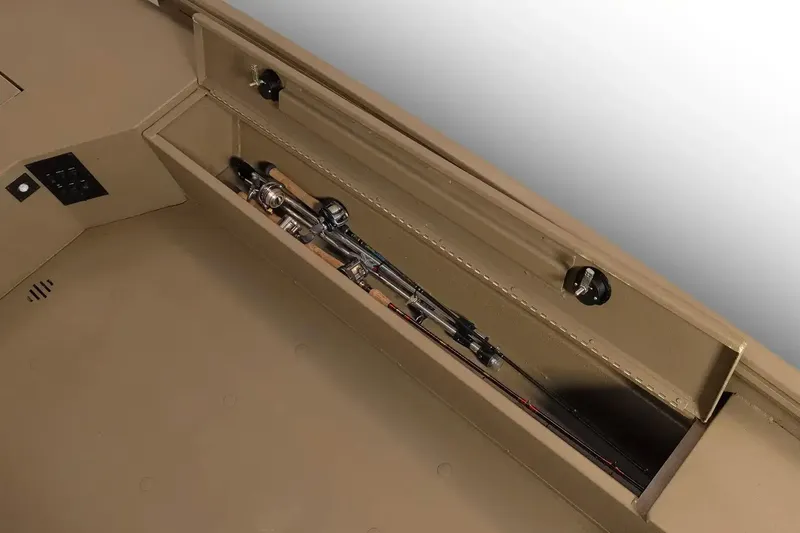 Slide: The Image of Manufacturer Provided Image: Storage compartment with fishing rods in a 2026 G3 Gator Tough 16 DK boat. - 12
