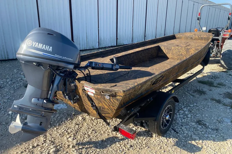 Slide: The Image of 2026 G3 Gator Tough 16 DK boat with Yamaha outboard motor on trailer. - 4