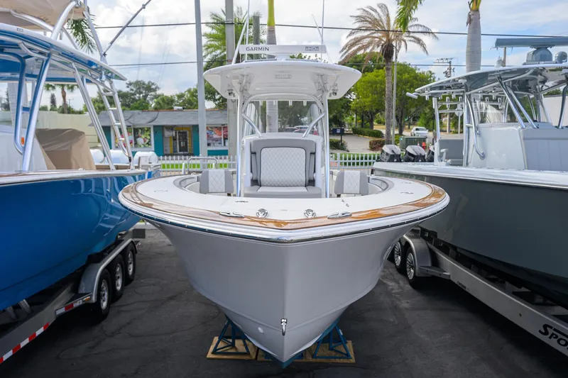 Slide: The Image of Valhalla Boatworks V-33 boat, 2020 model, on a trailer. - 1