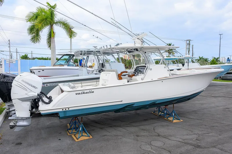 Slide: The Image of 2020 Valhalla V-33 boat on stands, side view. - 3