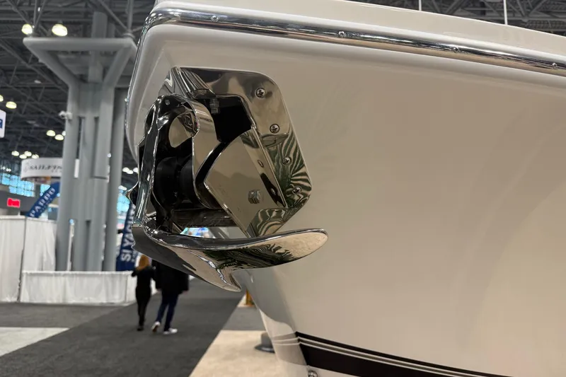 Slide: The Image of Close-up of 2026 Regulator 23 boat anchor detail at indoor exhibition. - 9