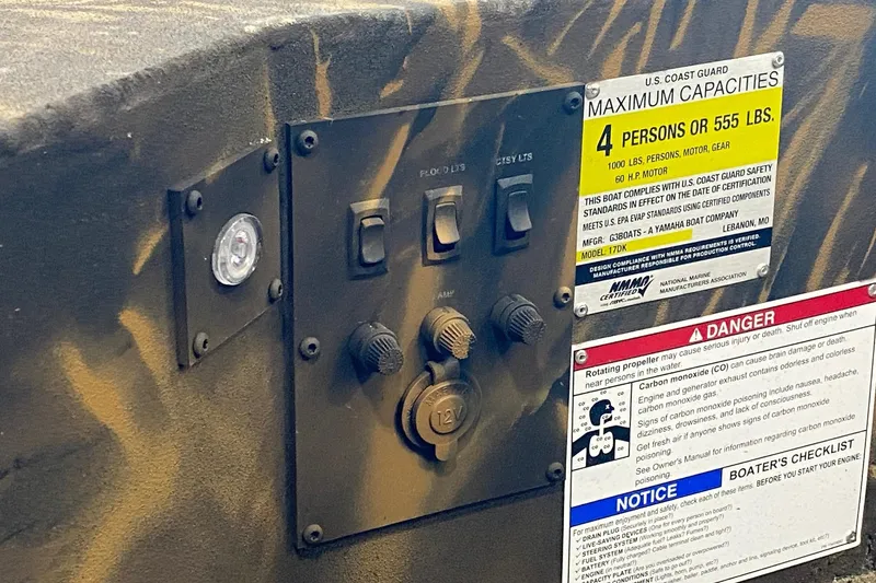 Slide: The Image of Control panel and safety labels on 2026 G3 Gator Tough 17 DK boat. - 7