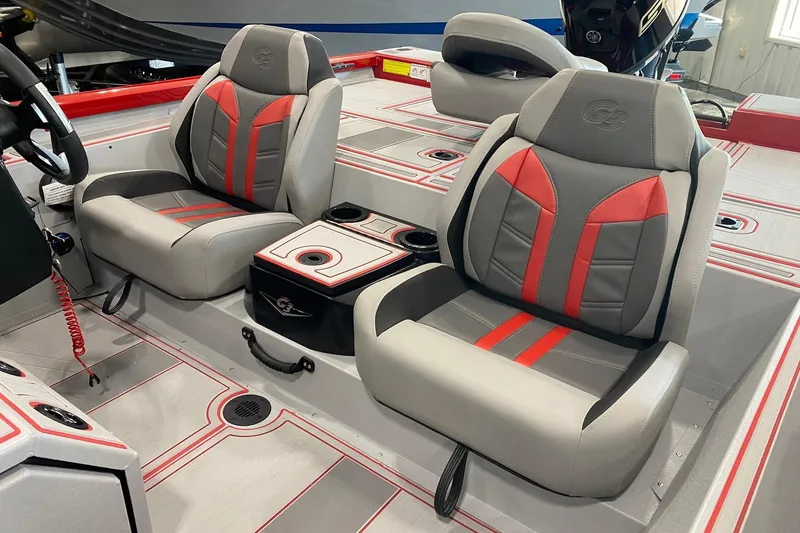 Slide: The Image of 2026 G3 Sportsman 1710 SE boat interior with stylish red and gray seating. - 7