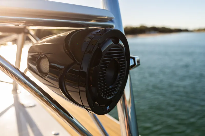 Slide: The Image of Close-up of a speaker on a 2019 Mag Bay 33 CC boat. - 74