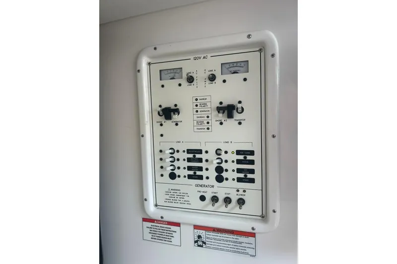 Slide: The Image of Electrical control panel on 2022 Stamas 370 Aegean boat, featuring switches and meters. - 27