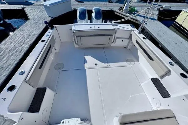 Slide: The Image of 2022 Stamas 370 Aegean boat interior with spacious deck and twin engines. - 47