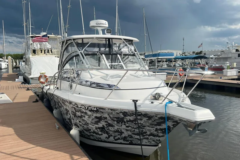 Slide: The Image of 2008 Pro-Line 32 Express boat docked at marina, featuring camouflage design and Garmin equipment. - 26