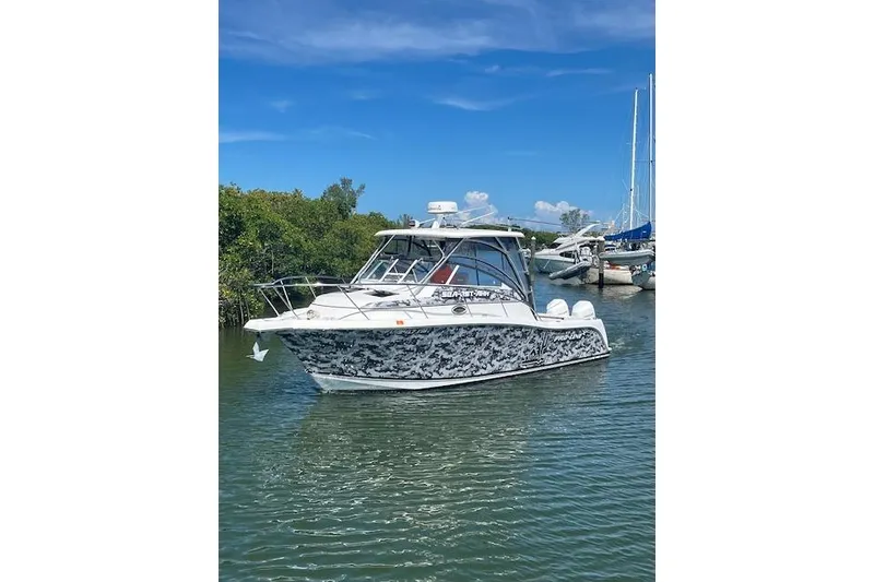 Slide: The Image of 2008 Pro-Line 32 Express boat with camouflage design on calm water. - 6