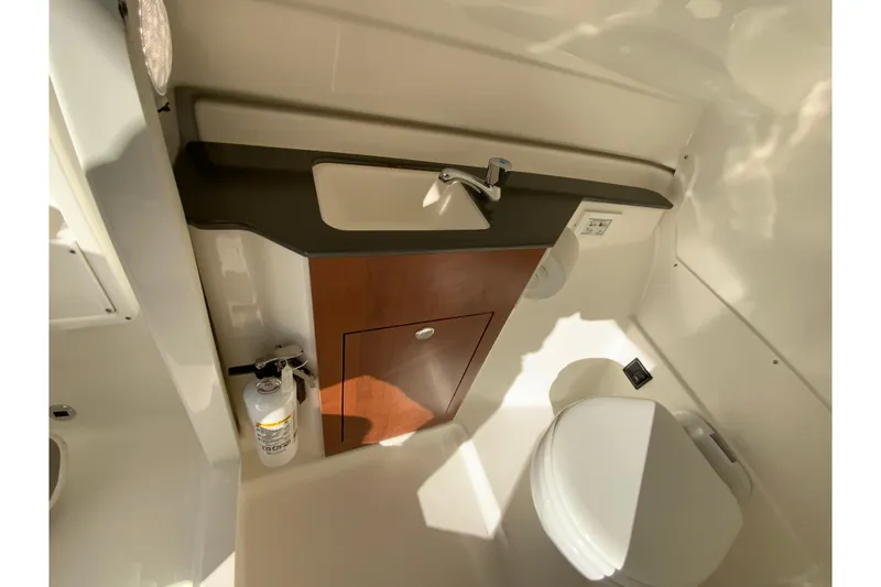 Slide: The Image of 2026 Pursuit DC 246 Dual Console boat interior with sink and toilet. - 37