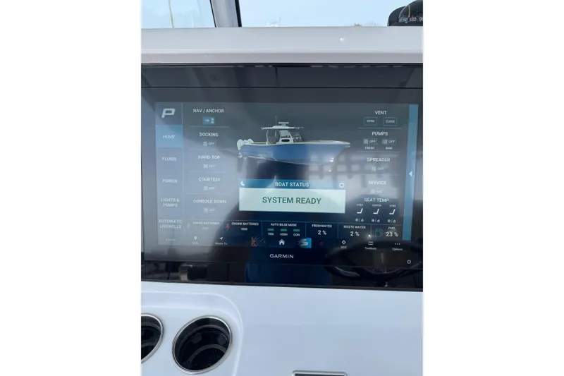 Slide: The Image of Touchscreen display on 2026 Phenom 37 Center Console showing boat system status. - 10