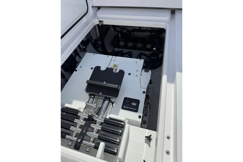 Slide: The Image of Engine compartment of 2026 Phenom 37 Center Console boat with Seakeeper system. - 14