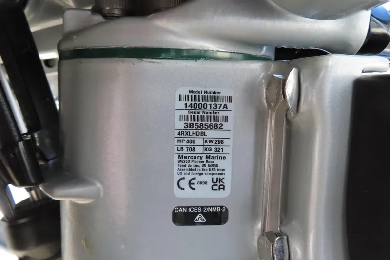 Slide: The Image of Label on Mercury Marine engine, showing model and serial numbers, for Sunsation 32 CCX 2026. - 23