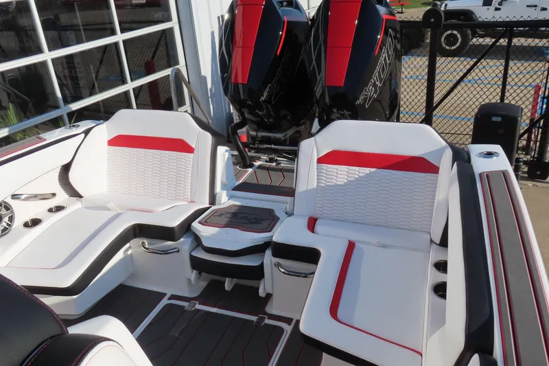 Slide: The Image of 2026 Sunsation 32 CCX boat interior with stylish seating and powerful engines. - 4