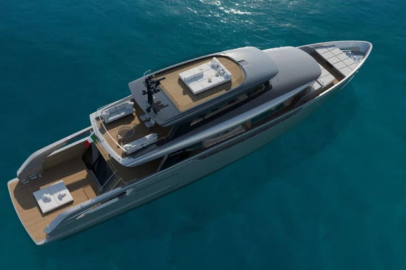 Slide: The Image of Sanlorenzo SX120 yacht 2027, aerial view, sleek design, luxurious deck, cruising on blue ocean. - 10