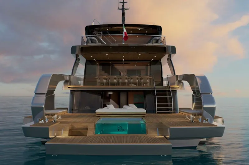 Slide: The Image of Luxurious 2027 Sanlorenzo SX120 yacht with elegant deck and modern design at sunset. - 11