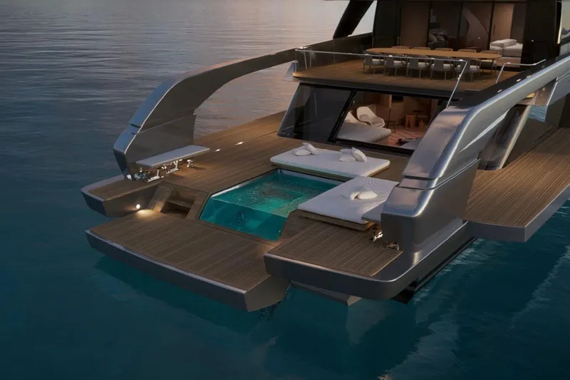 Slide: The Image of Luxurious 2027 Sanlorenzo SX120 yacht with elegant deck and pool, floating on serene water. - 12