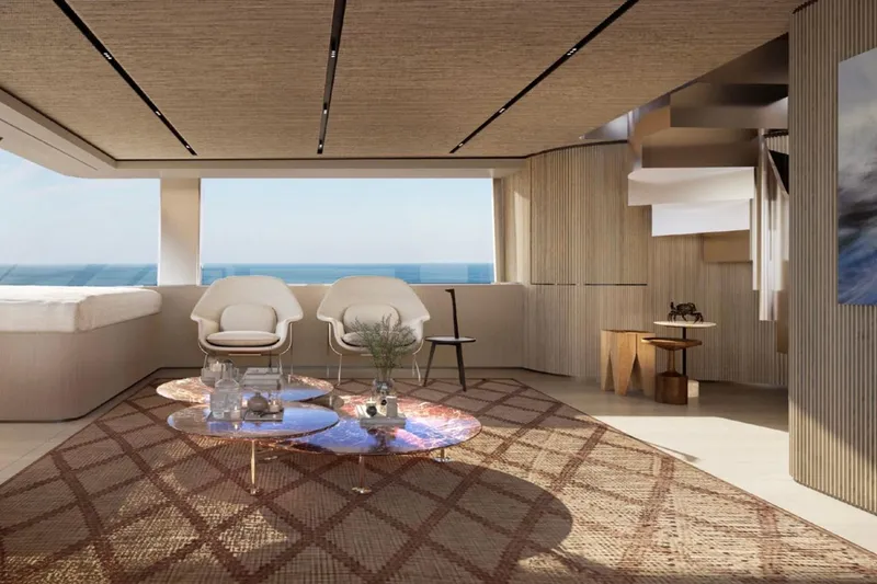 Slide: The Image of Luxurious interior of 2027 Sanlorenzo SX120 yacht, featuring modern seating and ocean views. - 14