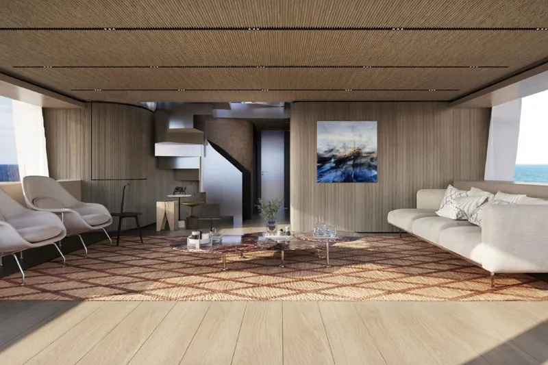 Slide: The Image of Luxurious Sanlorenzo SX120 yacht interior, 2027 model, featuring modern design and elegant furnishings. - 15