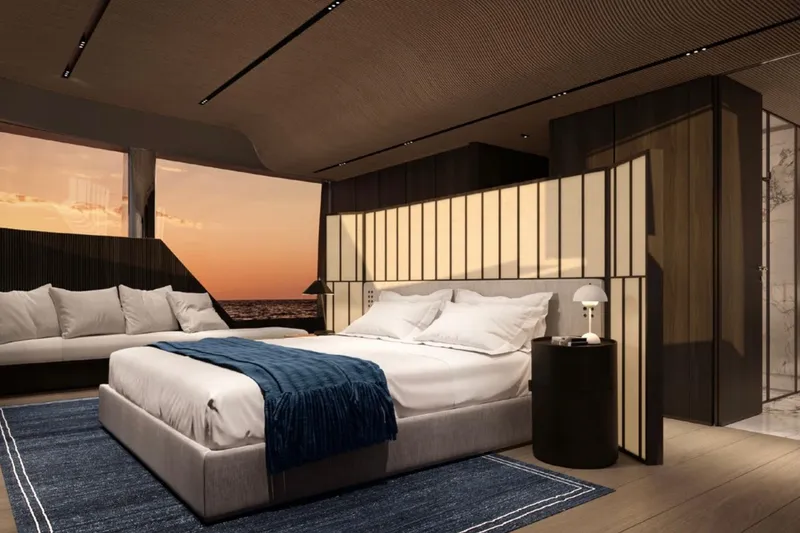 Slide: The Image of Luxurious bedroom on Sanlorenzo SX120 yacht, 2027 model, with ocean view and modern decor. - 19