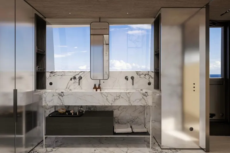 Slide: The Image of Luxurious marble bathroom interior on Sanlorenzo SX120 yacht, 2027 model, featuring modern fixtures and ocean view. - 20