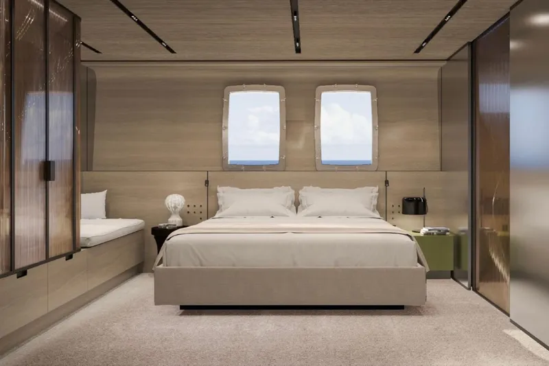 Slide: The Image of Luxurious Sanlorenzo SX120 2027 yacht bedroom with modern design and ocean view windows. - 21