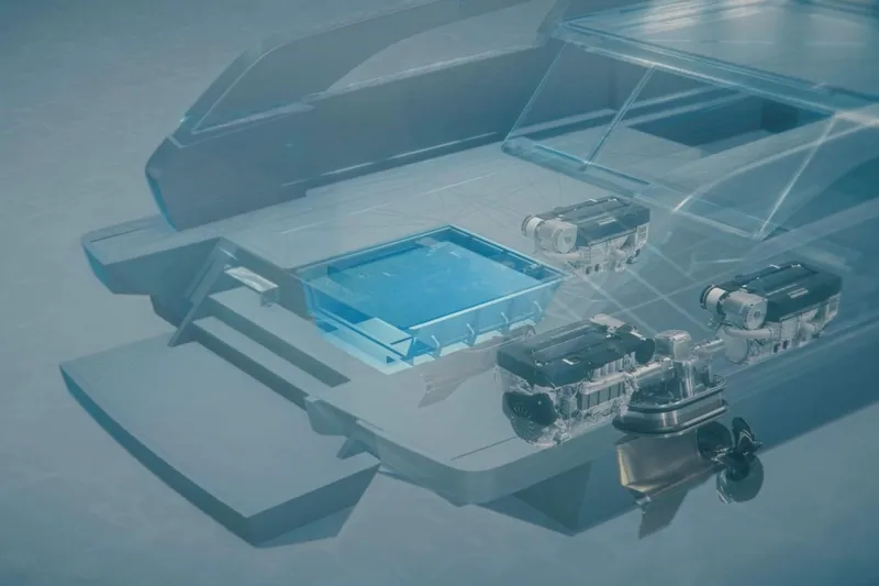 Slide: The Image of Futuristic Sanlorenzo SX120 yacht design with visible engines and pool, 2027 model. - 25