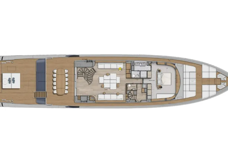 Slide: The Image of Deck layout of 2027 Sanlorenzo SX120 yacht, featuring spacious living and dining areas. - 32