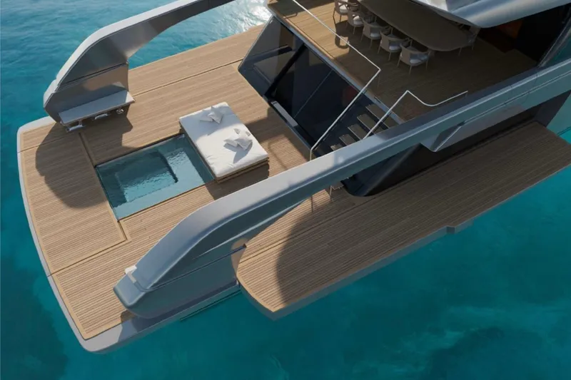 Slide: The Image of Luxurious Sanlorenzo SX120 yacht deck with pool, sunbed, and dining area, 2027 model. - 7