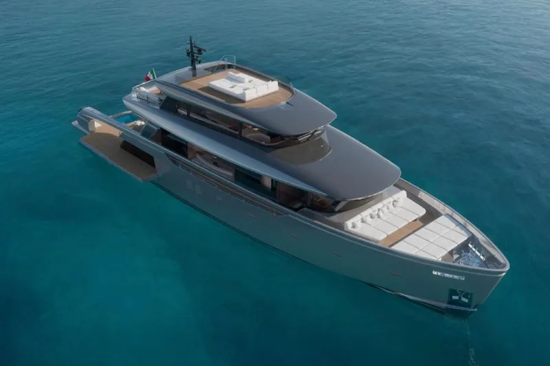 Slide: The Image of Luxurious 2027 Sanlorenzo SX120 yacht on serene blue waters. - 9