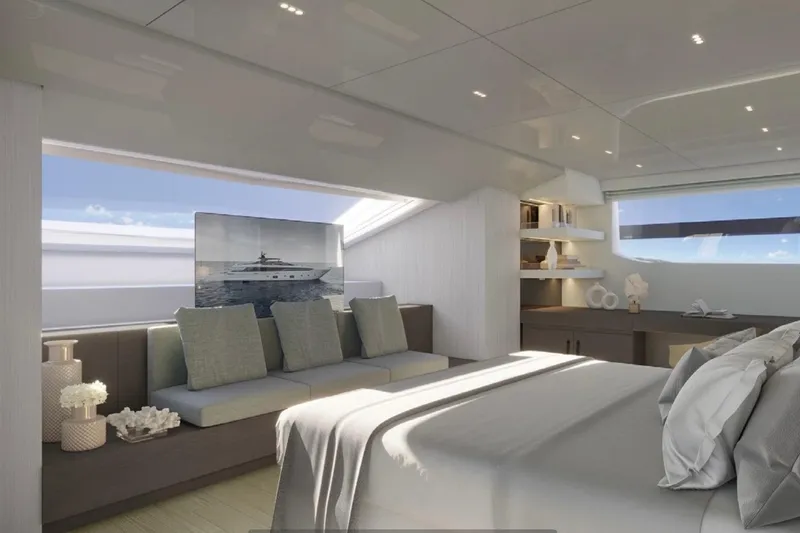 Slide: The Image of Luxurious Sanlorenzo SL120A 2026 yacht bedroom with modern decor and large windows. - 10