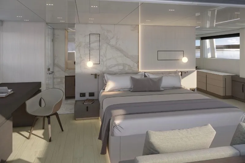 Slide: The Image of Luxurious Sanlorenzo SL120A 2026 yacht bedroom with modern design and elegant furnishings. - 11