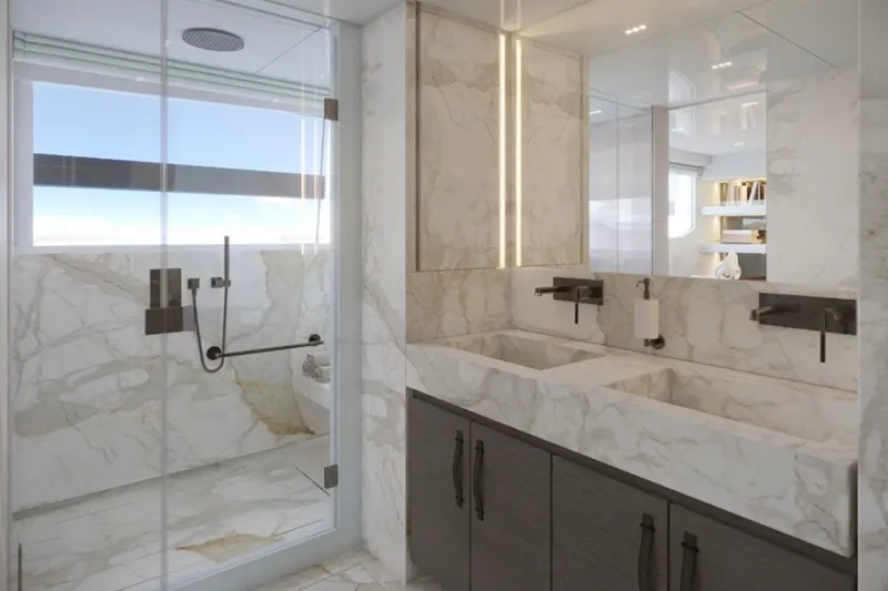 Slide: The Image of Luxurious marble bathroom in 2026 Sanlorenzo SL120A yacht, featuring dual sinks and glass shower. - 12