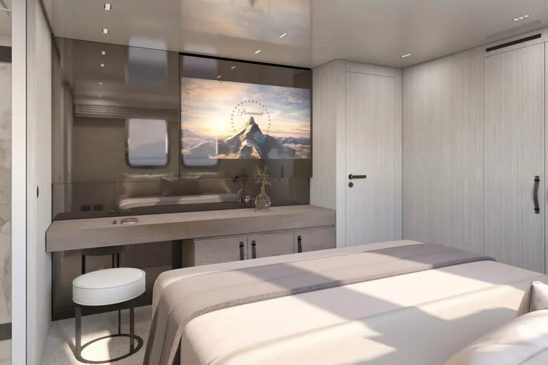 Slide: The Image of Luxurious Sanlorenzo SL120A 2026 yacht bedroom with modern decor and elegant furnishings. - 14