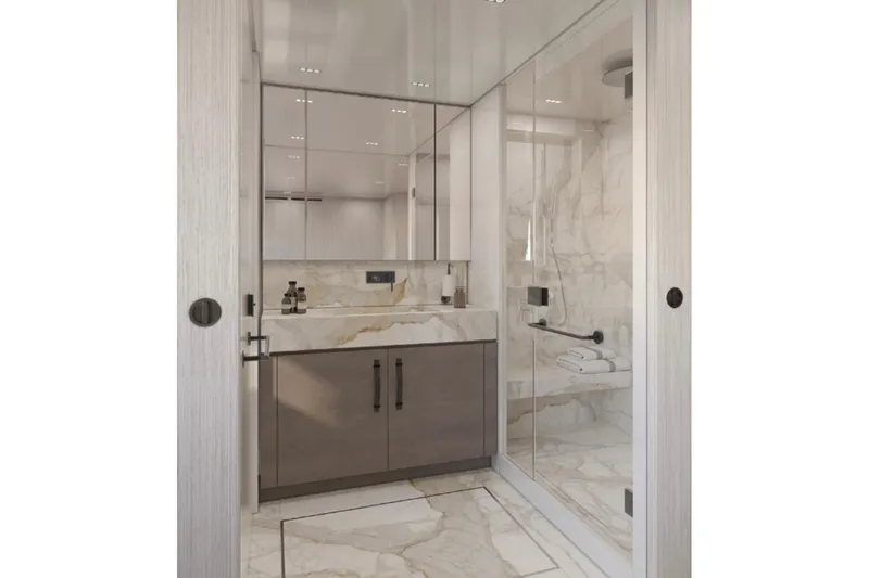 Slide: The Image of Luxurious bathroom in 2026 Sanlorenzo SL120A yacht with marble accents and modern fixtures. - 15