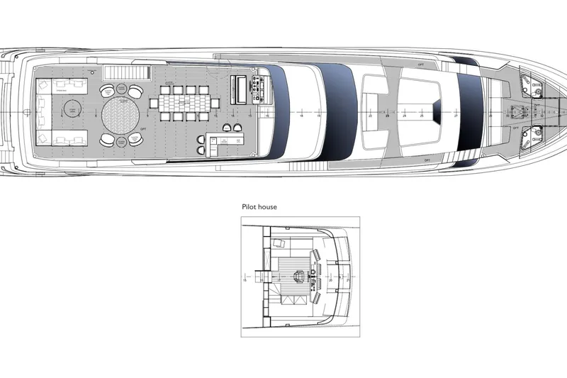 Slide: The Image of Blueprint of 2026 Sanlorenzo SL120A yacht, showcasing deck layout and pilot house design. - 17