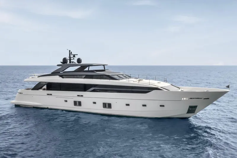 Slide: The Image of Luxury Sanlorenzo SL120A yacht cruising on open sea, 2026 model. - 2