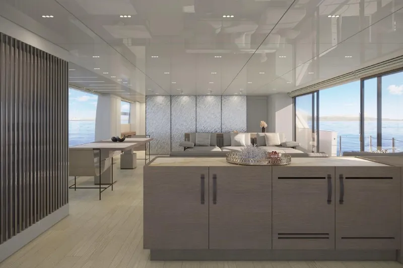 Slide: The Image of Luxurious interior of 2026 Sanlorenzo SL120A yacht with modern furnishings and ocean views. - 5