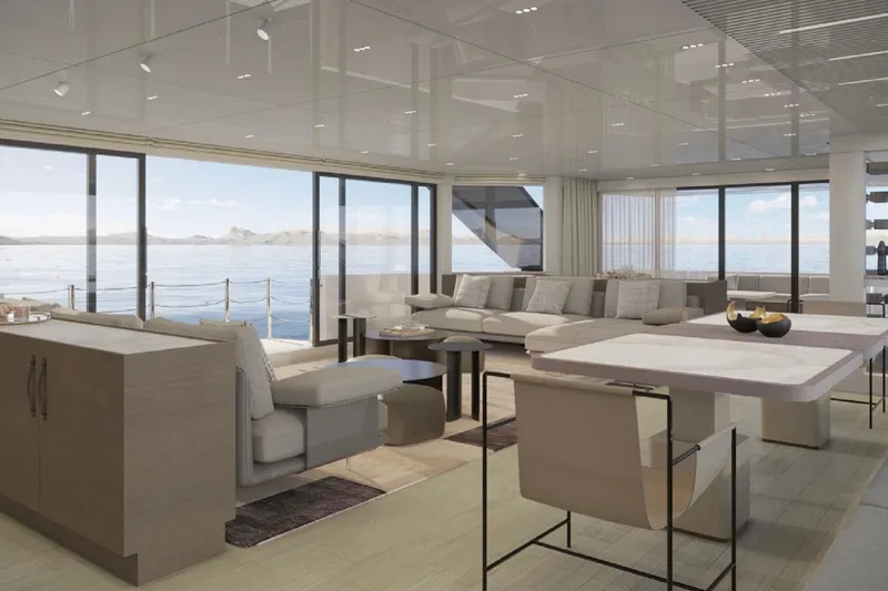 Slide: The Image of Luxurious interior of 2026 Sanlorenzo SL120A yacht with ocean view and modern furnishings. - 7