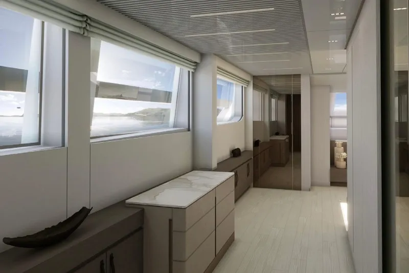 Slide: The Image of Luxurious interior of 2026 Sanlorenzo SL120A yacht with modern design and large windows. - 9