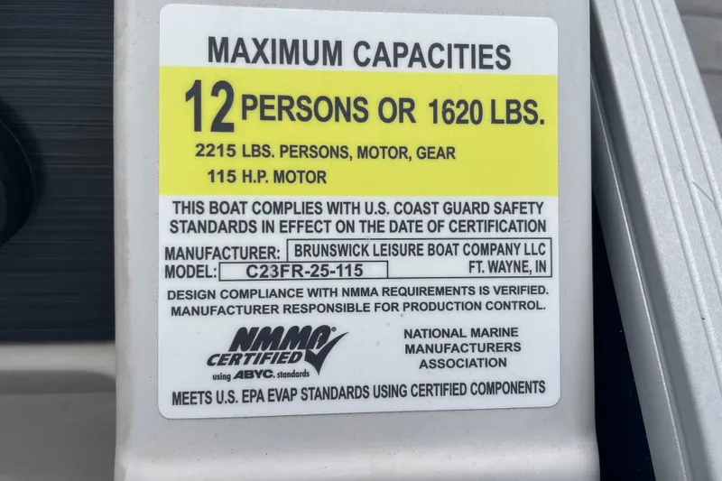 Slide: The Image of Capacity label for 2023 Cypress Cay Seabreeze 232, 12 persons or 1620 lbs. - 8