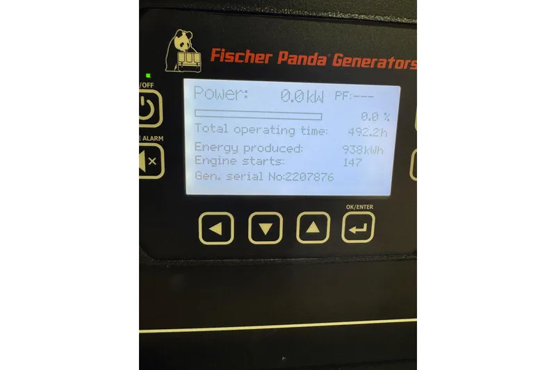 Slide: The Image of Fischer Panda generator display showing power, operating time, and energy produced. Scout 425 LXF 2024. - 55