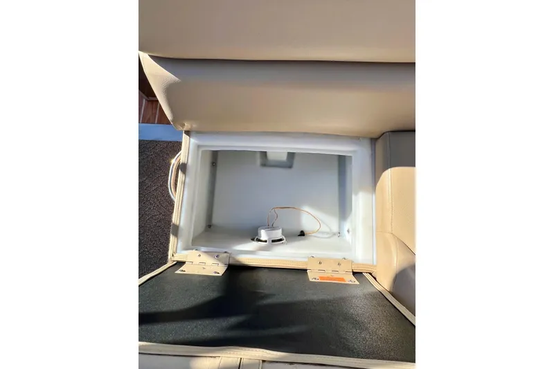 Slide: The Image of 2013 South Bay 417 CR pontoon boat with beige seating and open deck view. - 27