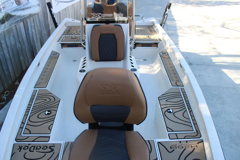 Slide: The Image of 2026 Xpress H20B Bay boat interior with stylish seating and deck design. - 23
