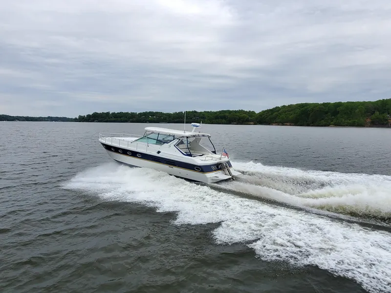Slide: The Image of Giorgi 46 yacht cruising on a lake, 1993 model, surrounded by lush greenery. - 7
