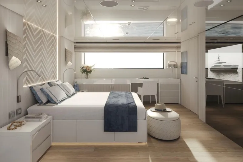 Slide: The Image of Luxurious bedroom interior on 2027 Sanlorenzo SD118 yacht, featuring elegant decor and ocean view. - 10